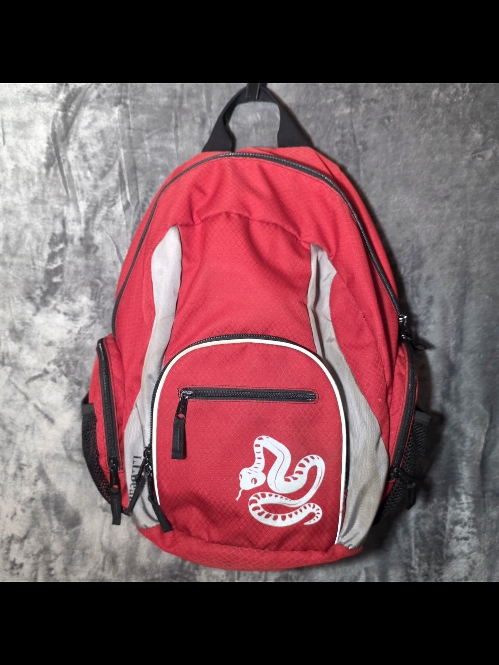 Vintage L.L. Bean Deluxe Red Backpack with White Snake Graphic